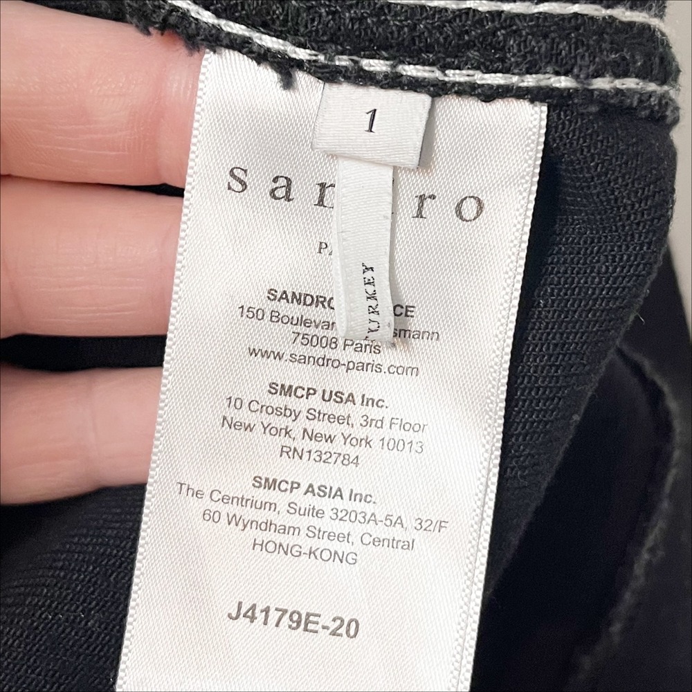 Sandro Paris Black Denim Mini Skirt 1 Small Belted Pockets A-Line Minimalist - Picture 7 of 10